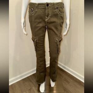 True Religion Olive Cargo Pants with White Accents